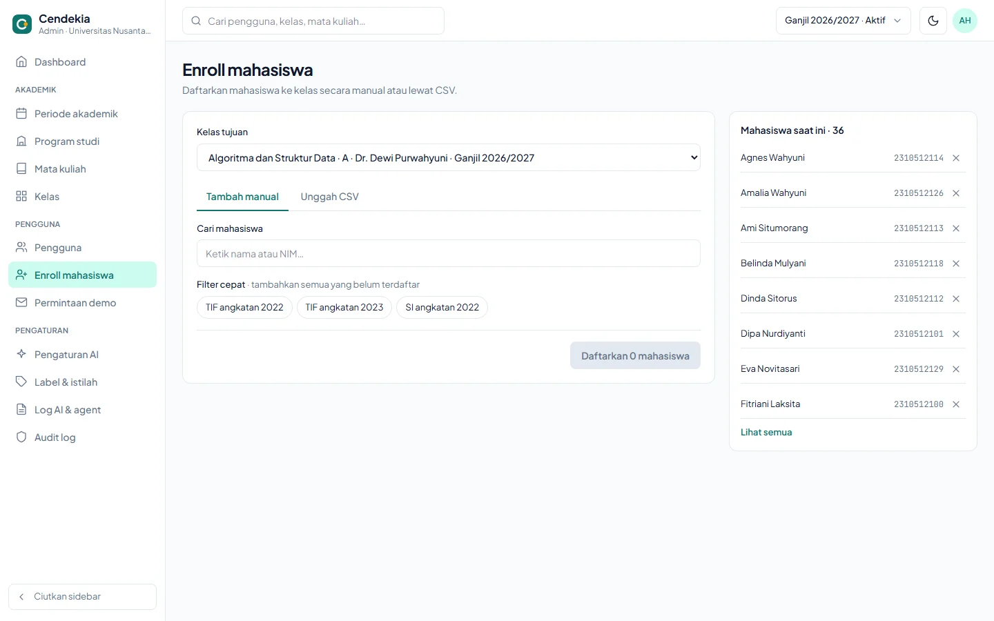 Cendekia — admin enroll, dashboard web