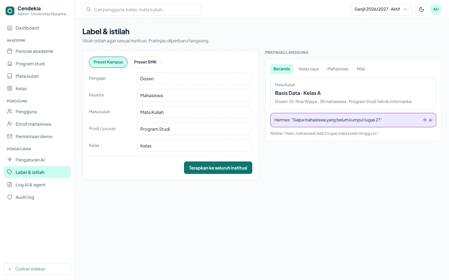 Cendekia — admin label, dashboard web