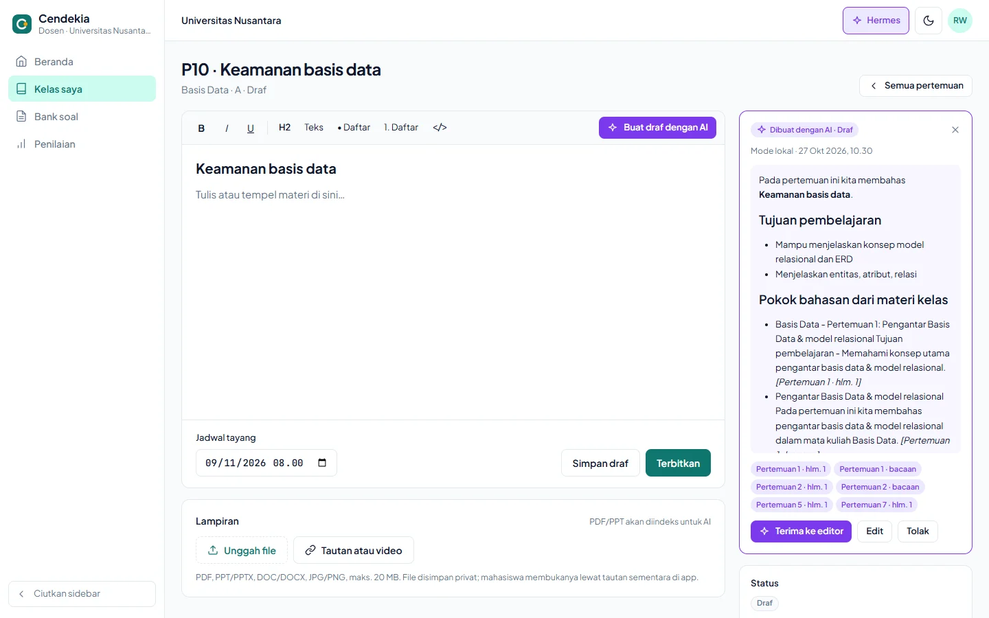 Tampilan Cendekia: AI membuat draf, dosen yang memutuskan.