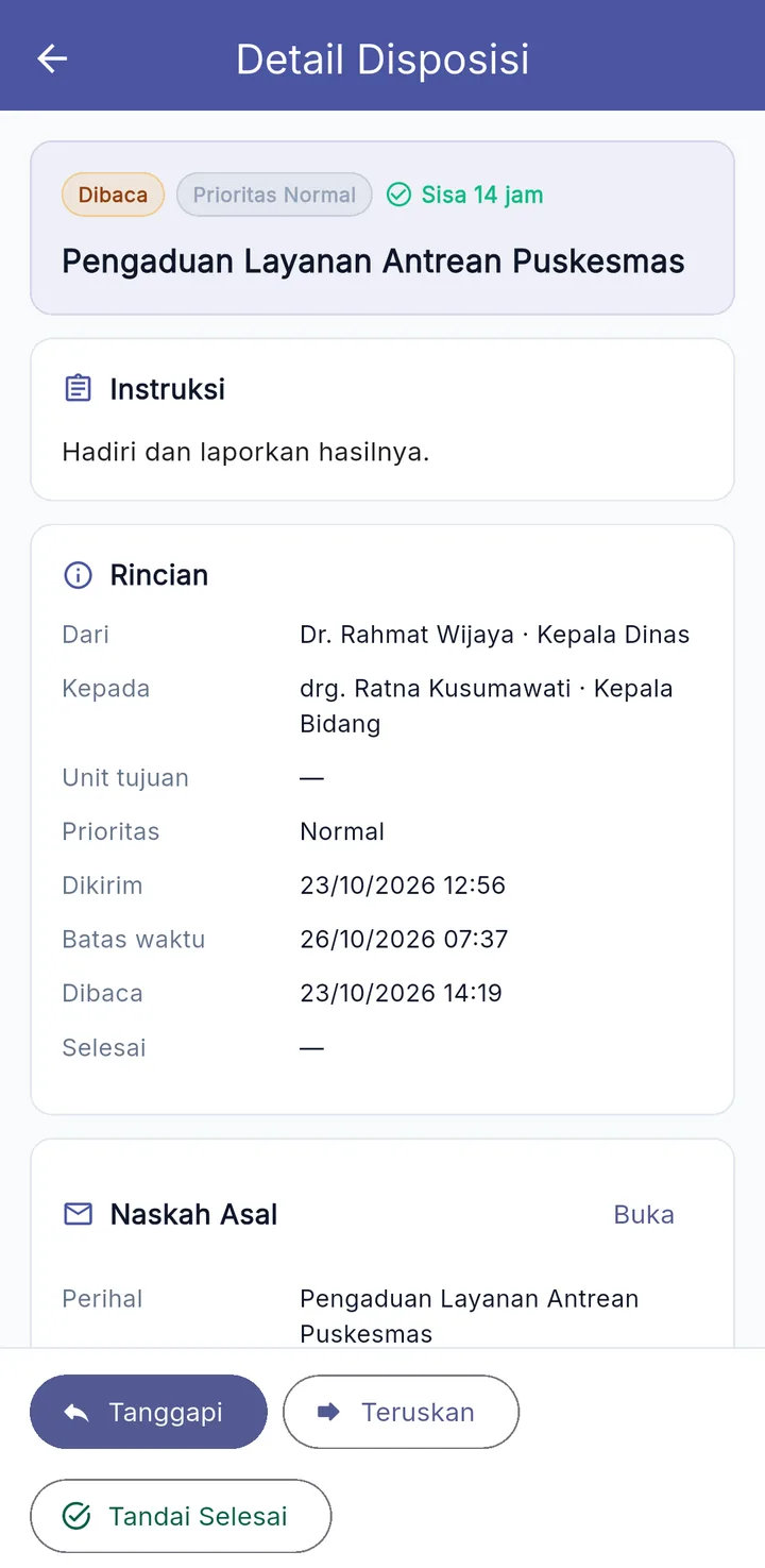 Tampilan E-Office Surat Dinas: Jejak surat dari pimpinan sampai pelaksana.