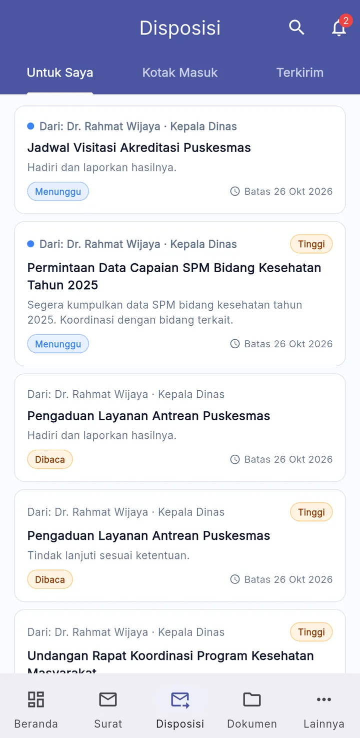 Tampilan E-Office Surat Dinas: Penerima disposisi menindaklanjuti dari HP.