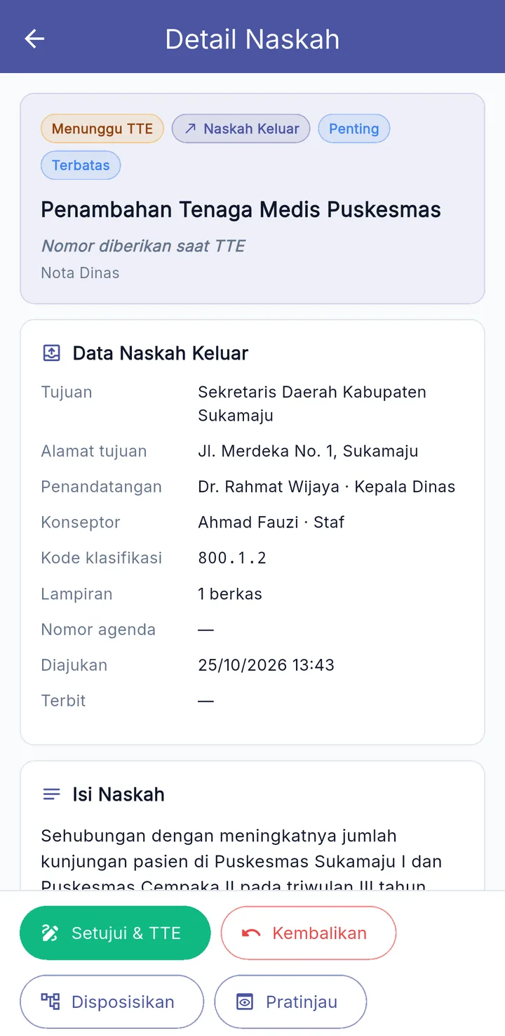 Tampilan E-Office Surat Dinas: Konsep, ajukan, lalu ditandatangani elektronik.