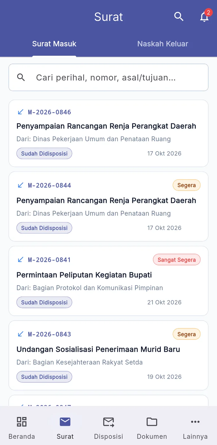 Tampilan E-Office Surat Dinas: Penerima disposisi menindaklanjuti dari HP.