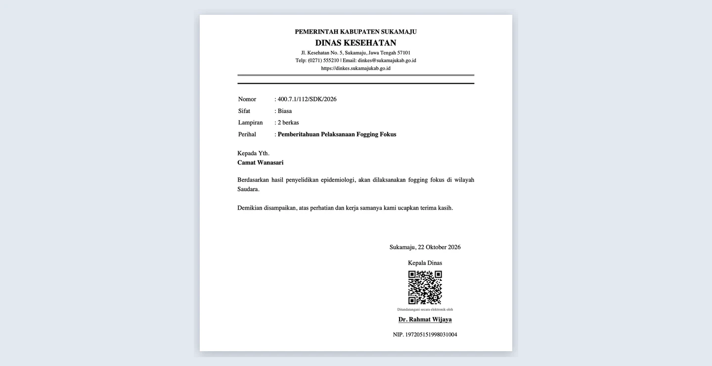 Tampilan E-Office Surat Dinas: PDF dengan kop dinas dan QR untuk memeriksa keaslian.