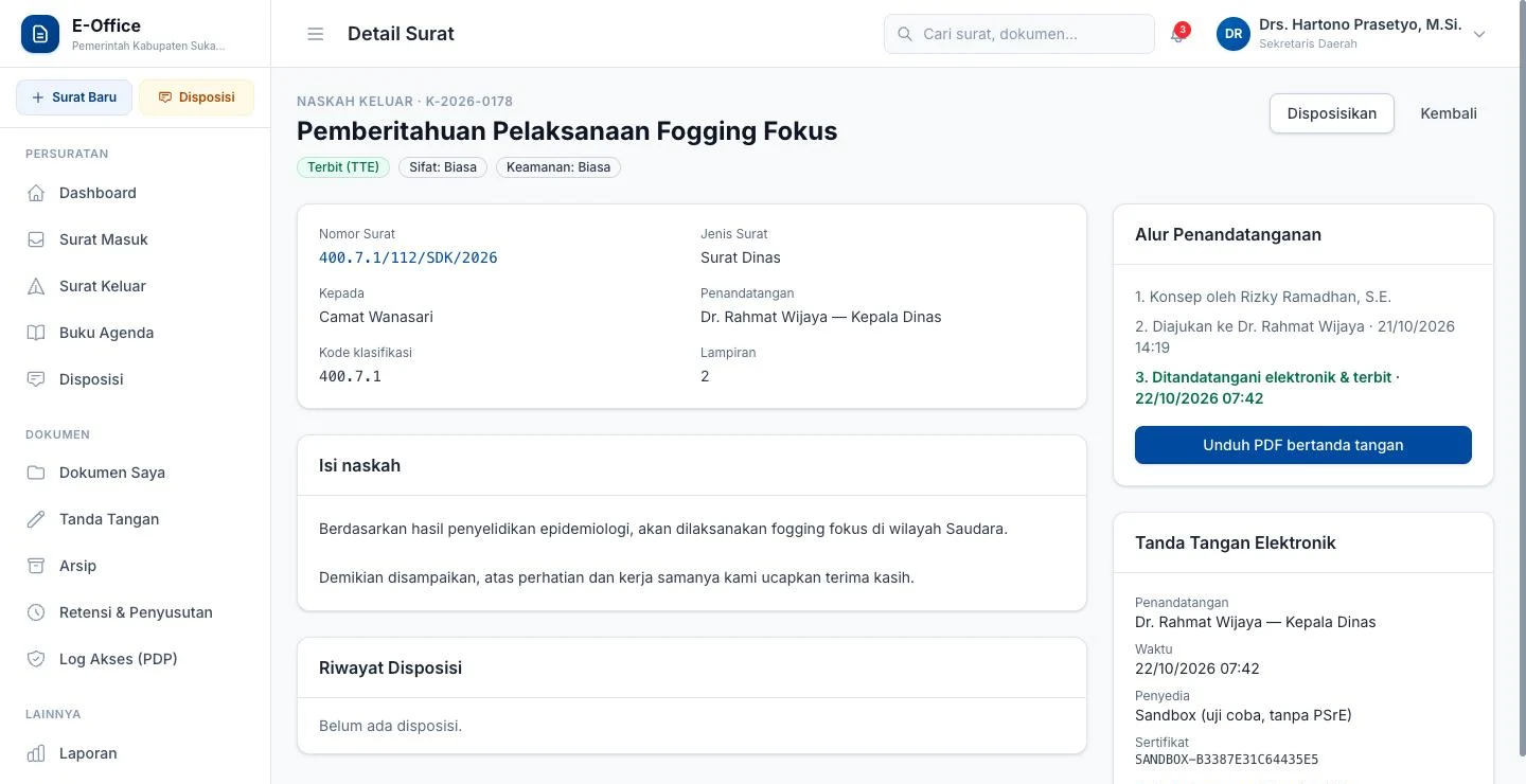 Tampilan E-Office Surat Dinas: Konsep, ajukan, lalu ditandatangani elektronik.