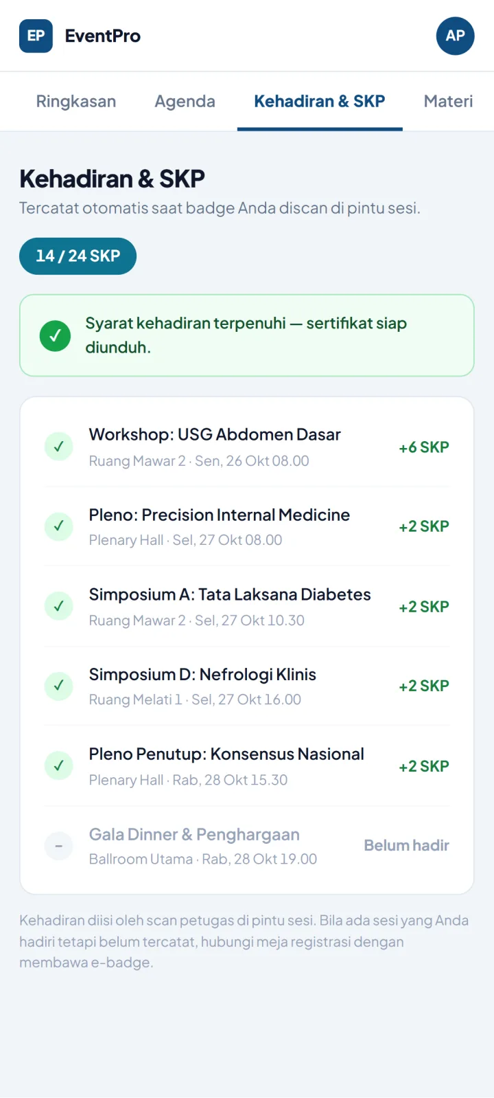 Tampilan EventPro: E-badge, SKP, dan status bayar di satu layar.