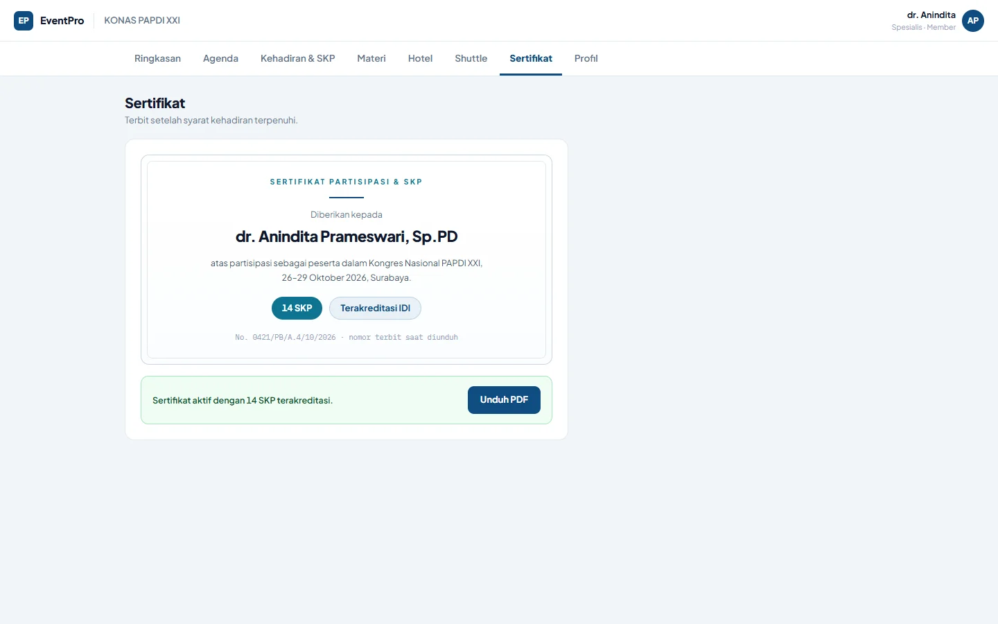 Tampilan EventPro: Atur agenda sendiri, unduh sertifikat setelah syarat terpenuhi.
