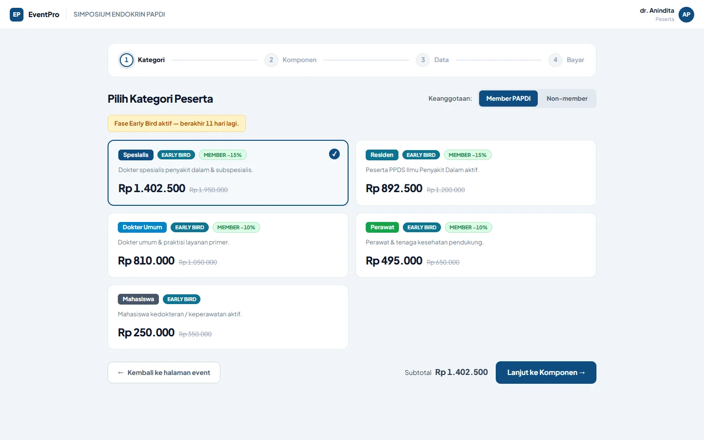 Tampilan EventPro: Harga mengikuti kategori, keanggotaan, dan fase.