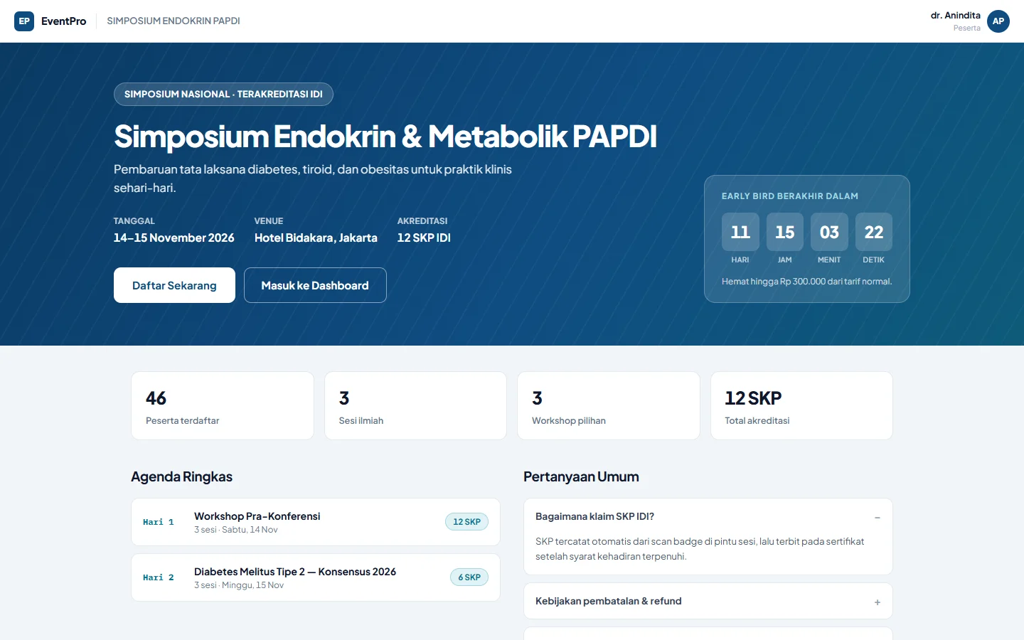 Tampilan EventPro: Harga mengikuti kategori, keanggotaan, dan fase.