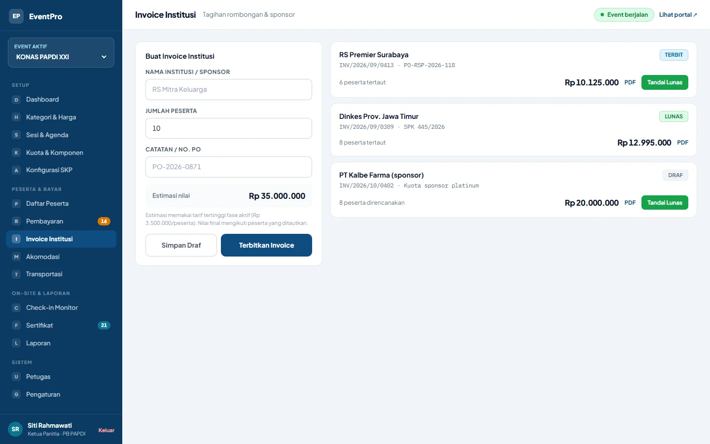 EventPro — panitia invoice, dashboard web