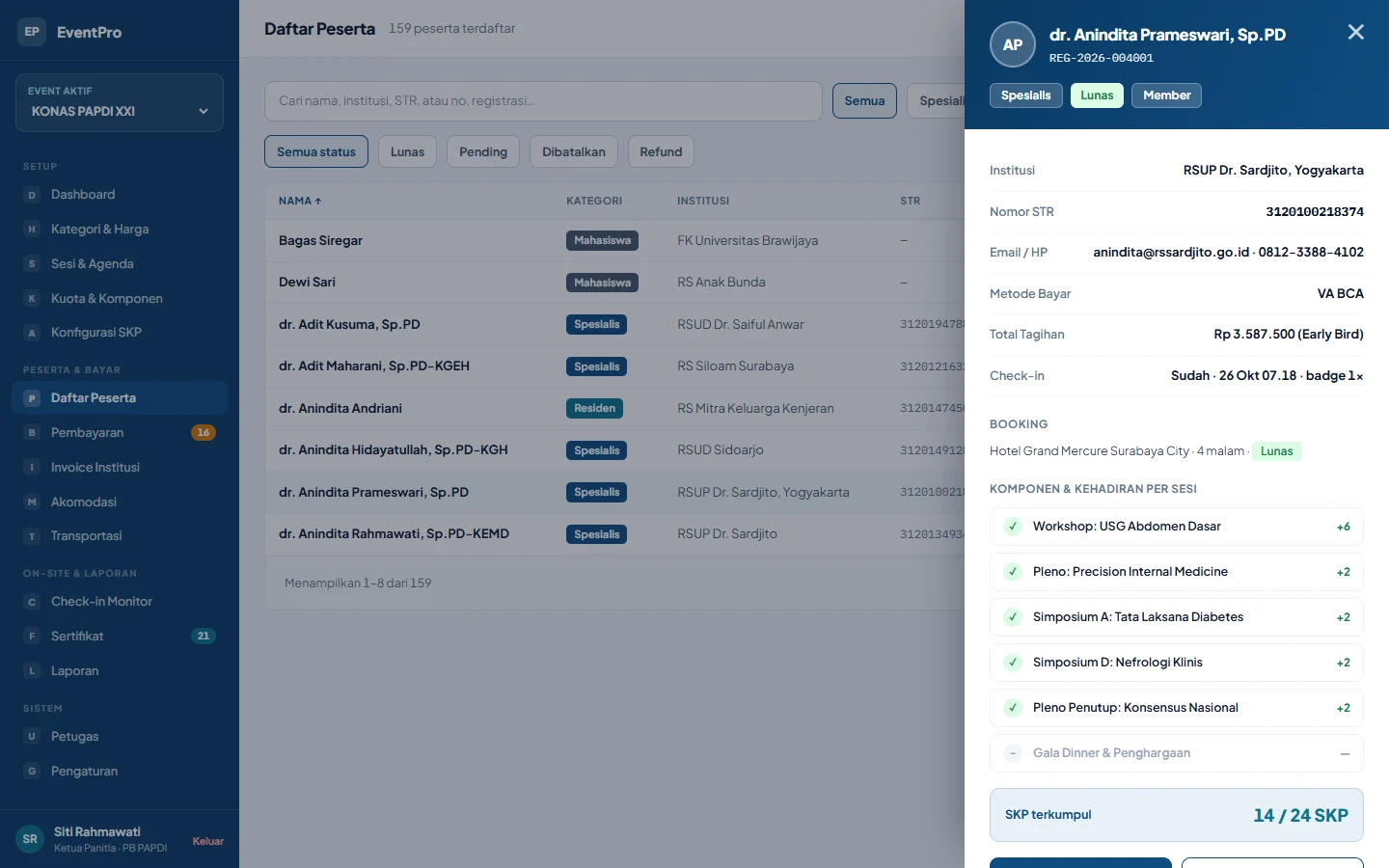 Tampilan EventPro: Detail peserta dan status bayar tanpa membuka spreadsheet.