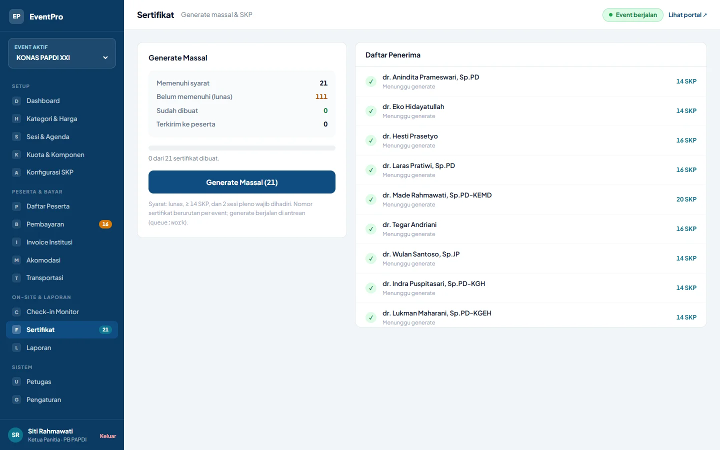 Tampilan EventPro: Check-in terpantau, sertifikat diterbitkan sekaligus.