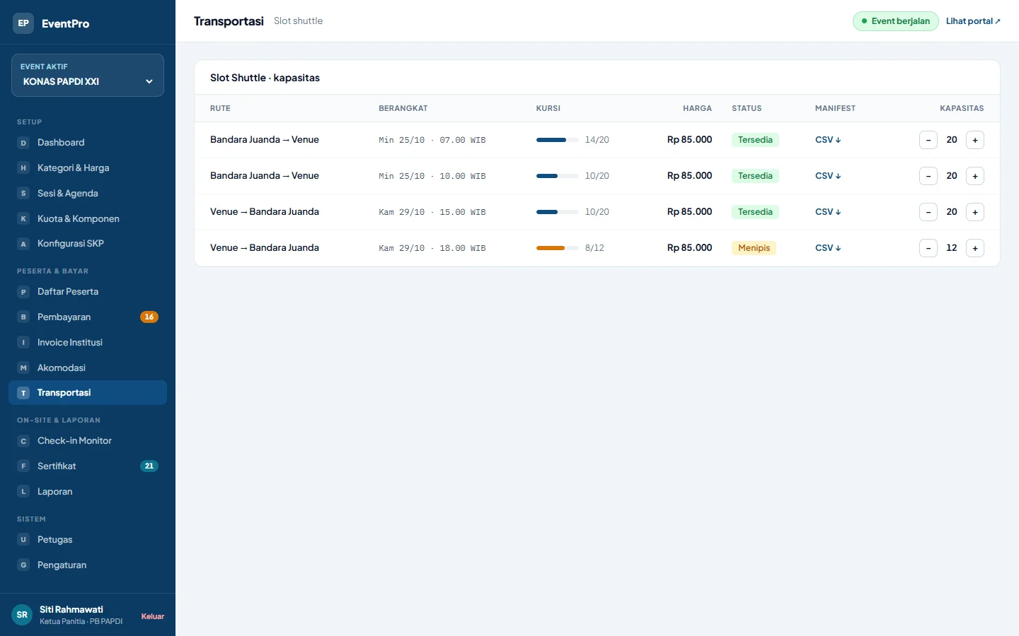 EventPro — panitia transportasi, dashboard web