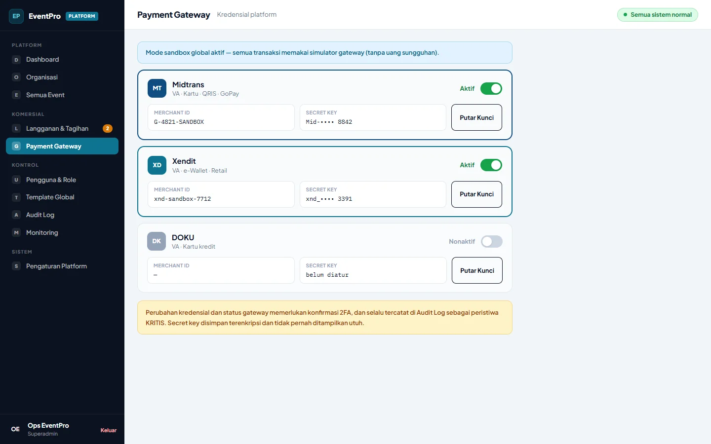 EventPro — platform gateway, dashboard web