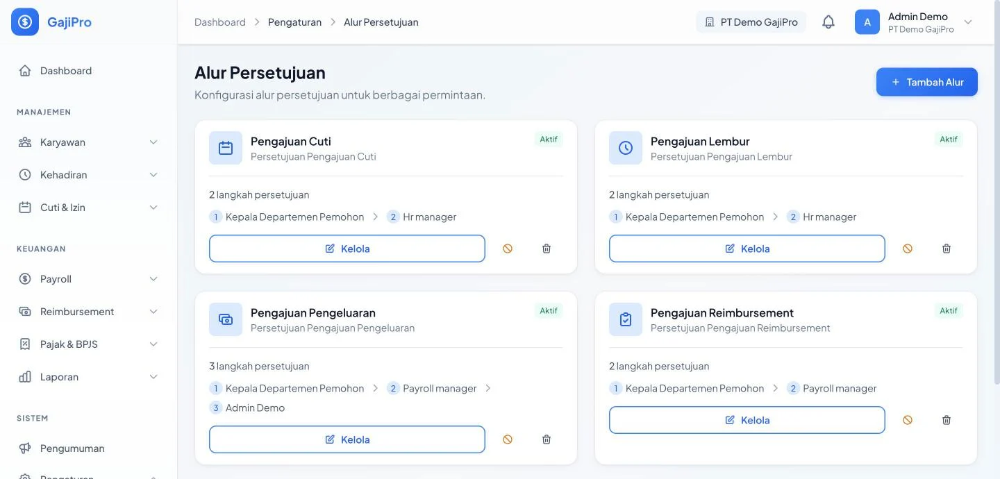 Tampilan GajiPro: Cuti diajukan dari HP, disetujui berjenjang.