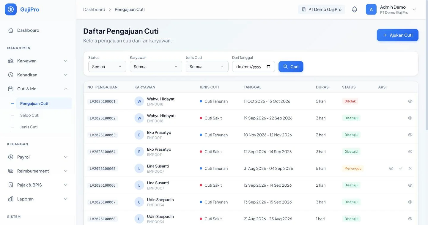 Tampilan GajiPro: Cuti diajukan dari HP, disetujui berjenjang.