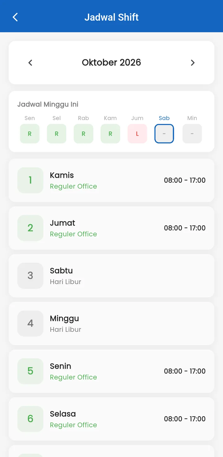 Tampilan GajiPro: Jadwal shift dan lembur tercatat rapi.