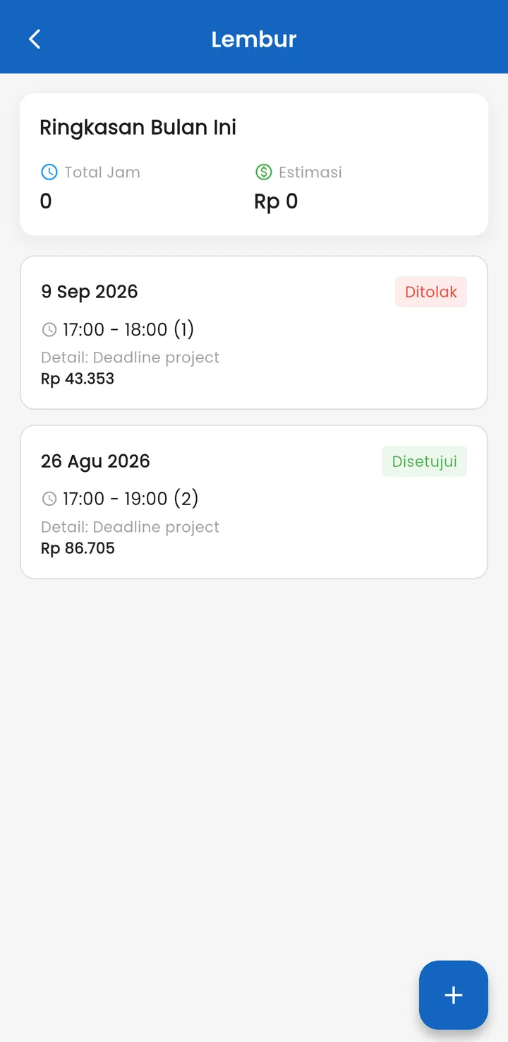 Tampilan GajiPro: Jadwal shift dan lembur tercatat rapi.