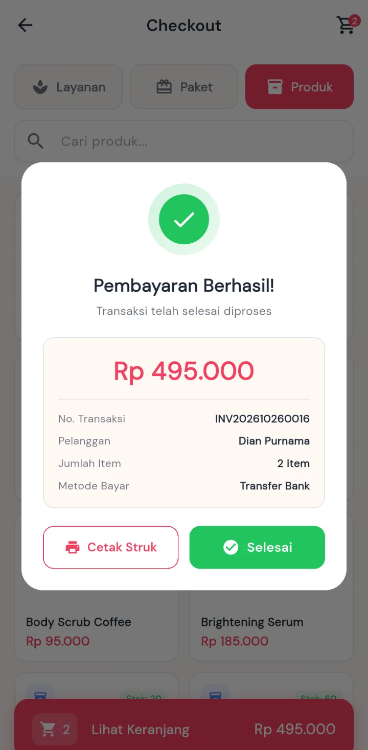 GlowUp Clinic — bayar berhasil, aplikasi HP
