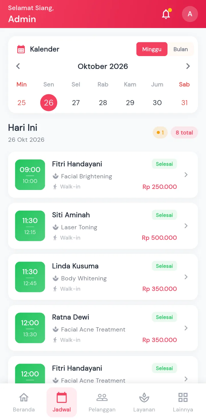 Tampilan GlowUp Clinic: Jadwal beautician tidak lagi bentrok.
