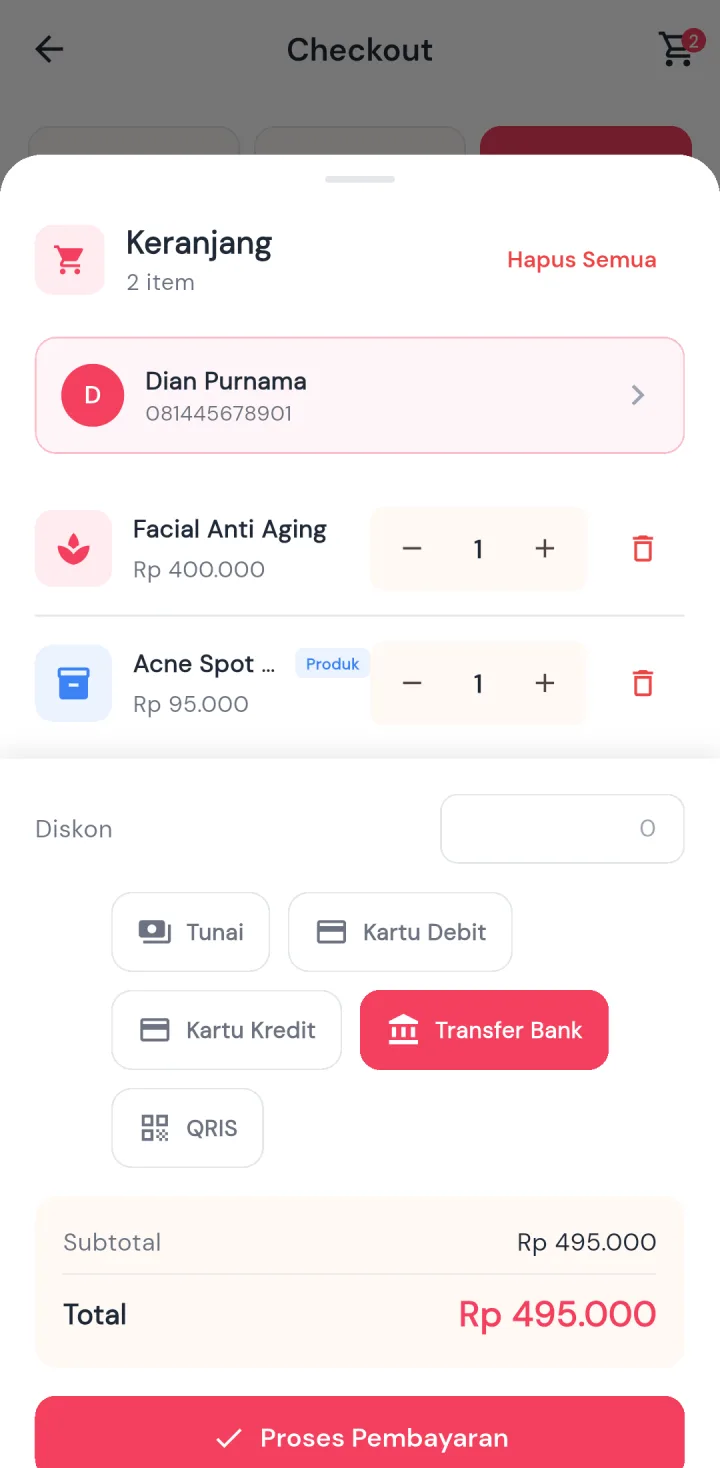 Tampilan GlowUp Clinic: Layanan, paket, dan produk dibayar dalam satu transaksi.