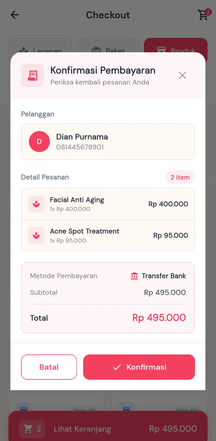 Tampilan GlowUp Clinic: Layanan, paket, dan produk dibayar dalam satu transaksi.