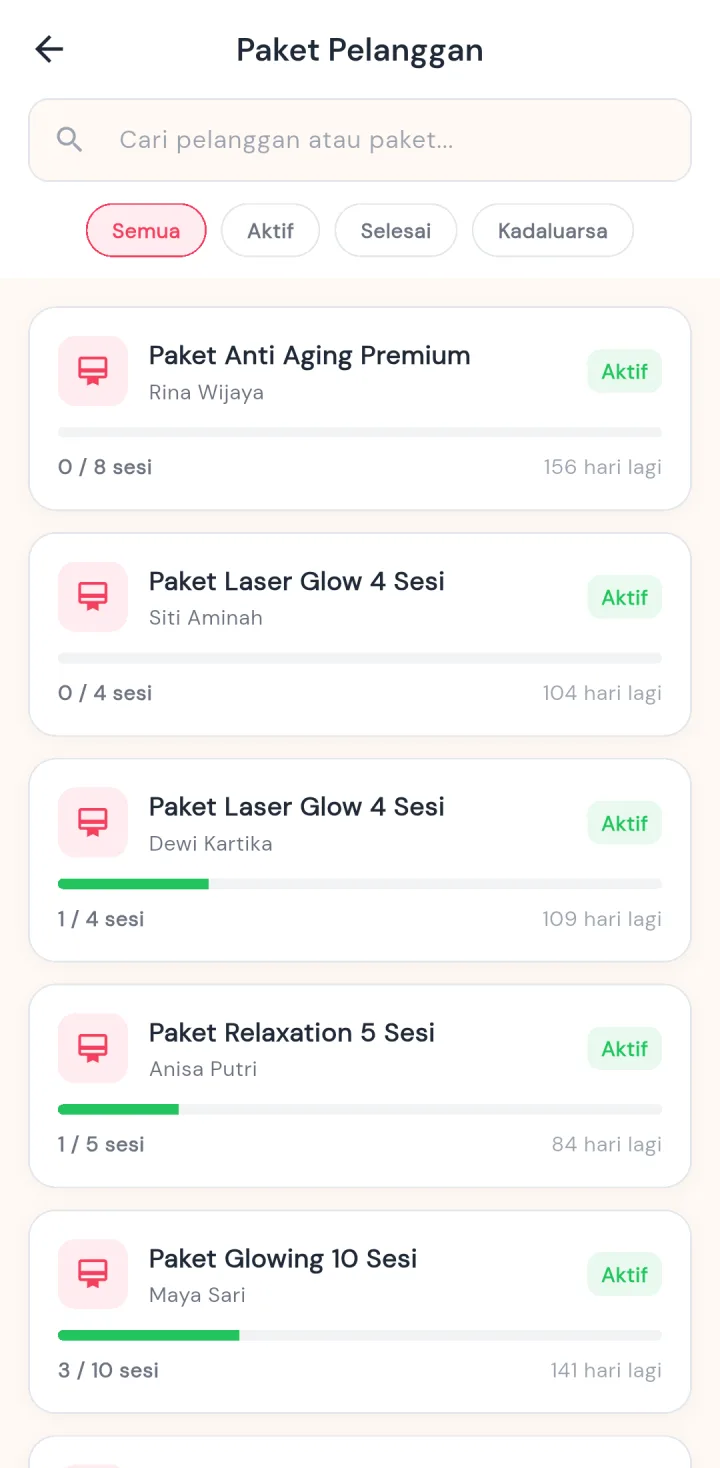 Tampilan GlowUp Clinic: Sisa sesi paket pelanggan terpantau.