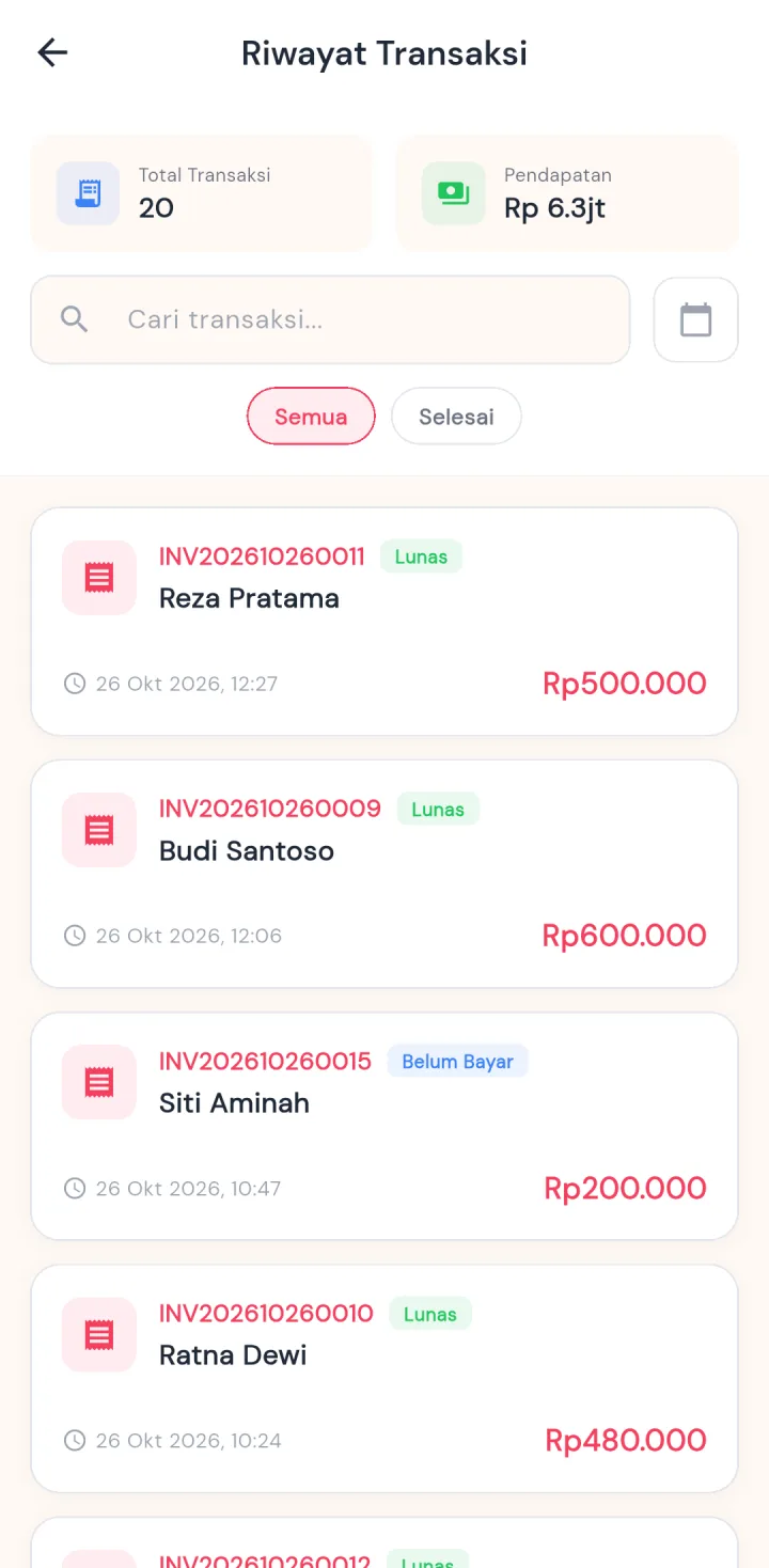 GlowUp Clinic — riwayat transaksi, aplikasi HP