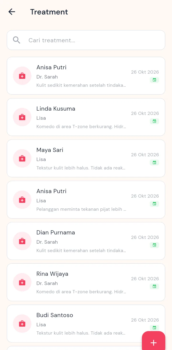 Tampilan GlowUp Clinic: Setiap treatment punya catatan dan jadwal follow up.