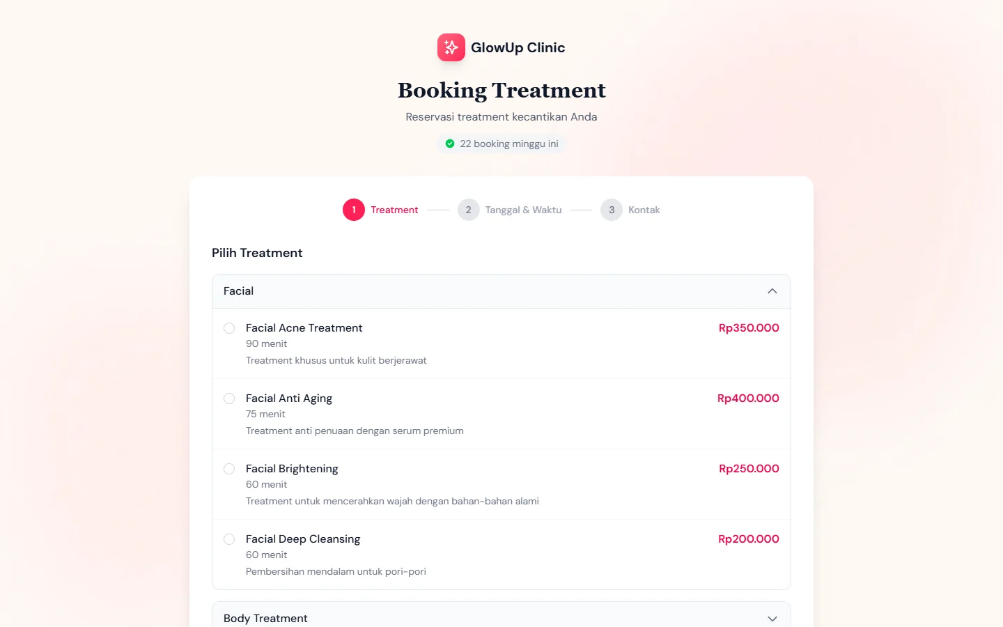 Tampilan GlowUp Clinic: Pelanggan bisa booking sendiri dari website.