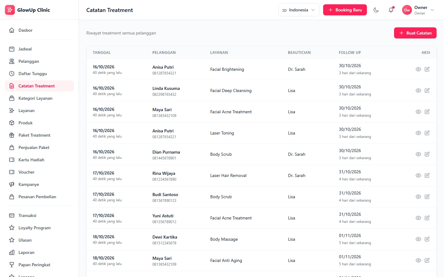 GlowUp Clinic — catatan treatment, dashboard web