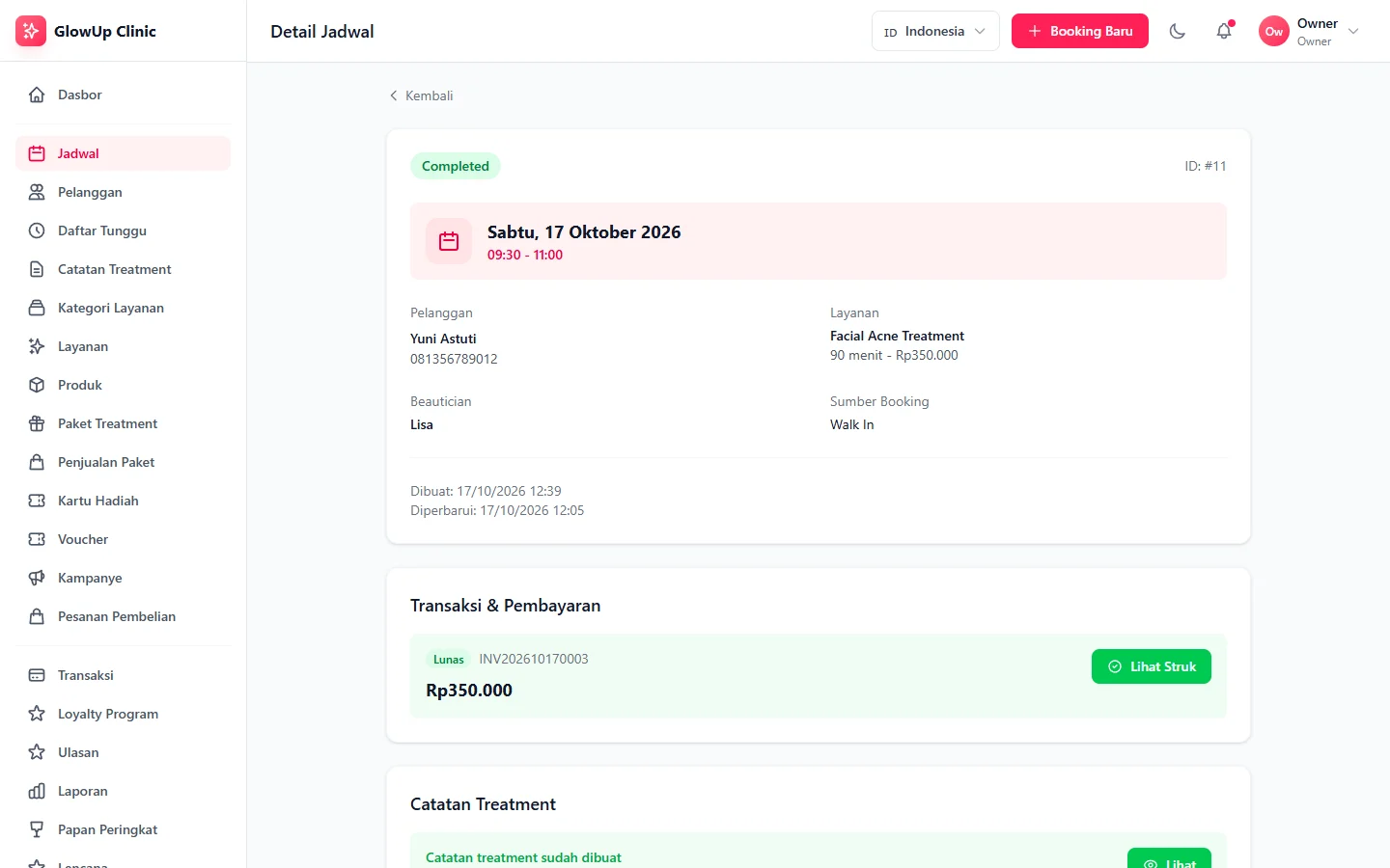 GlowUp Clinic — detail jadwal, dashboard web