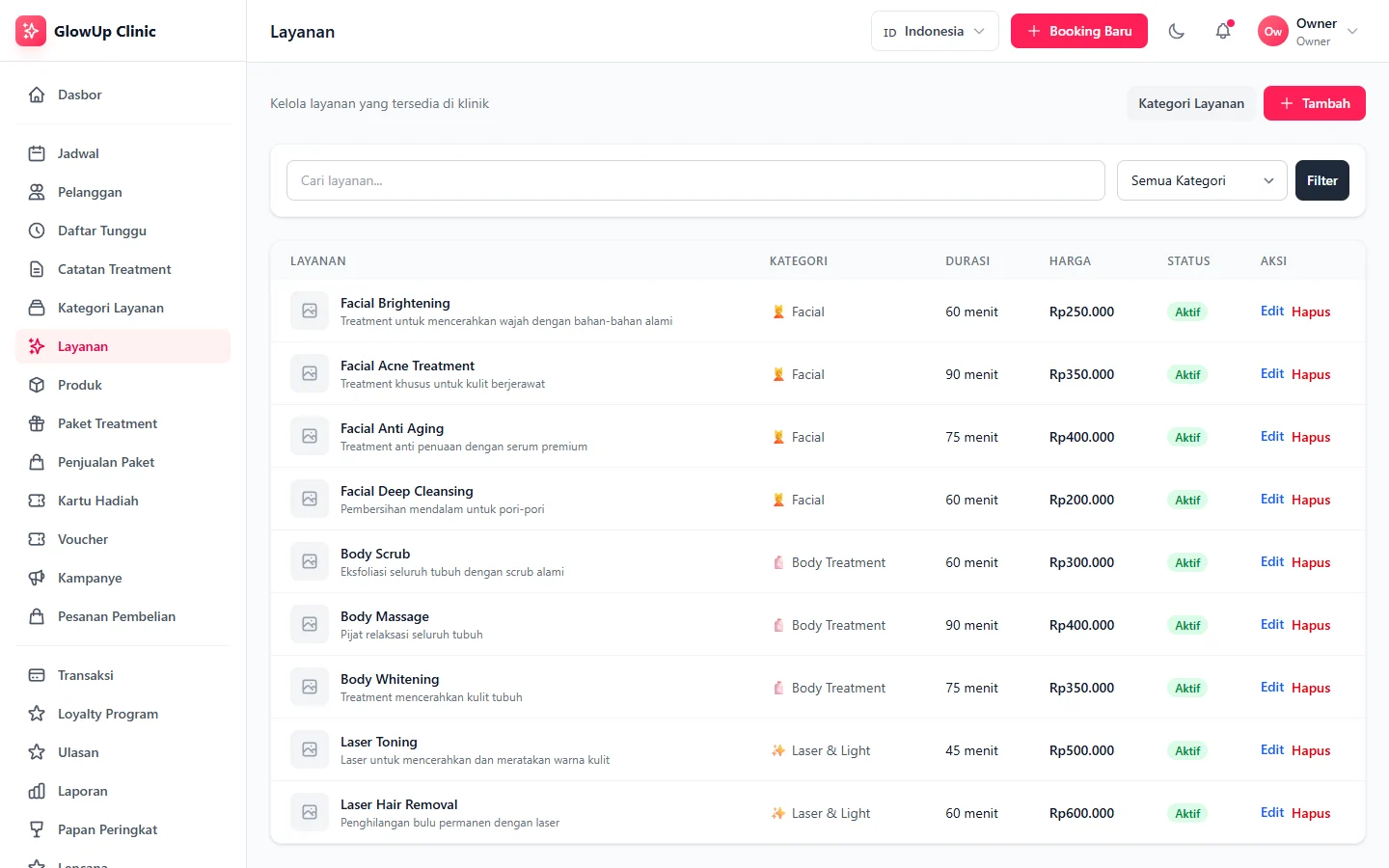 GlowUp Clinic — layanan, dashboard web