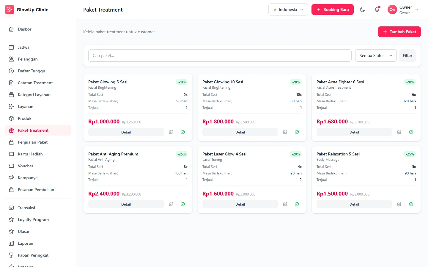 GlowUp Clinic — paket, dashboard web