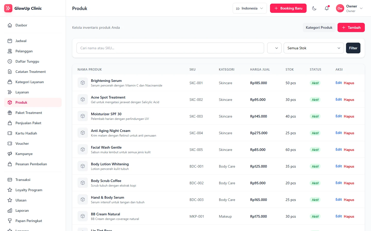 GlowUp Clinic — produk, dashboard web