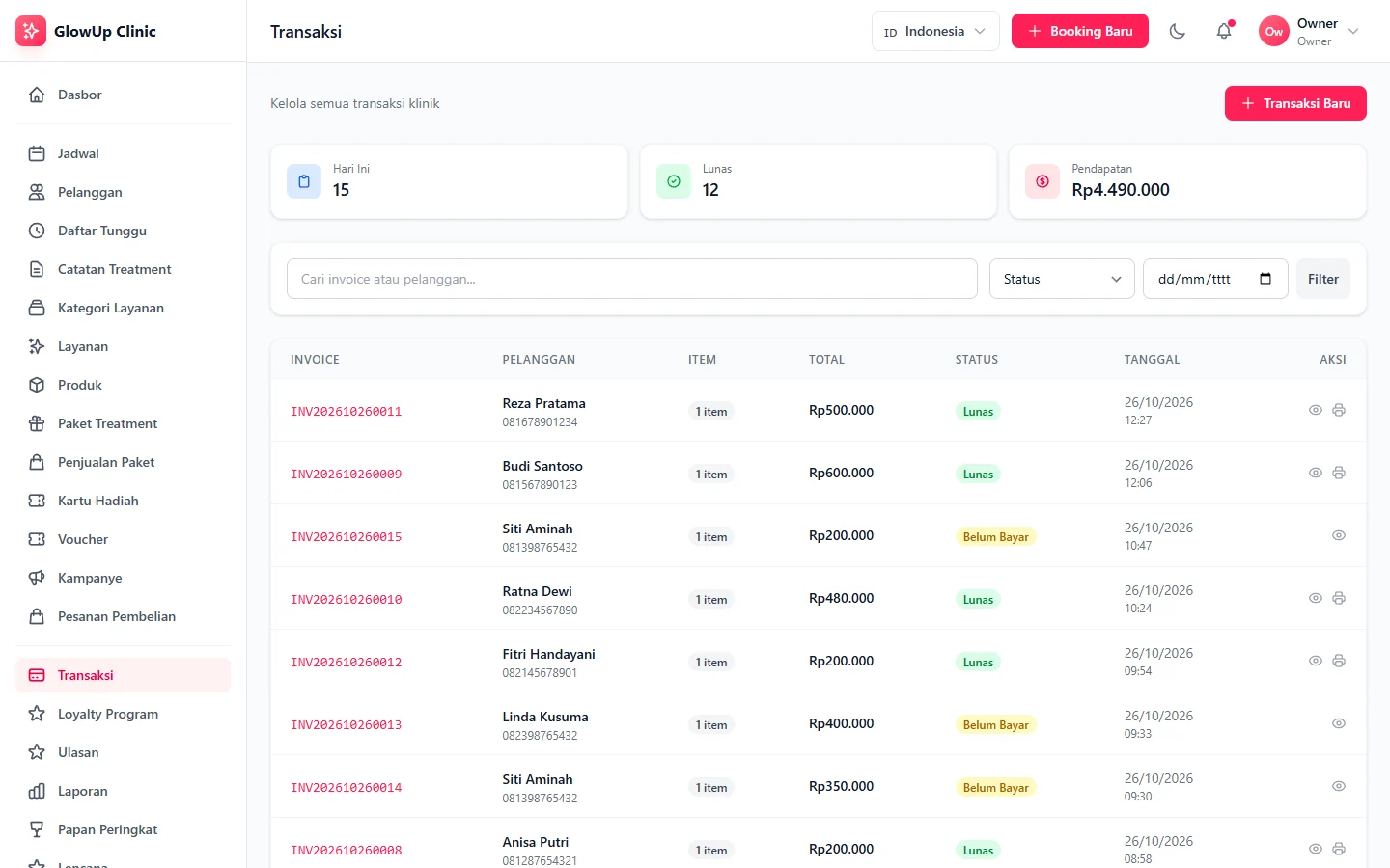 GlowUp Clinic — transaksi, dashboard web