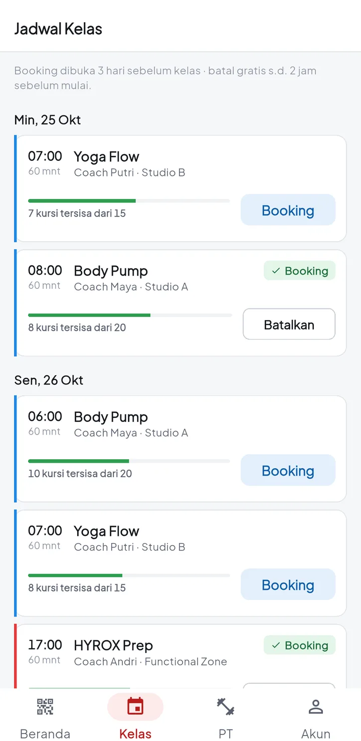 Tampilan GymPro: Kartu member dan jadwal kelas di HP.