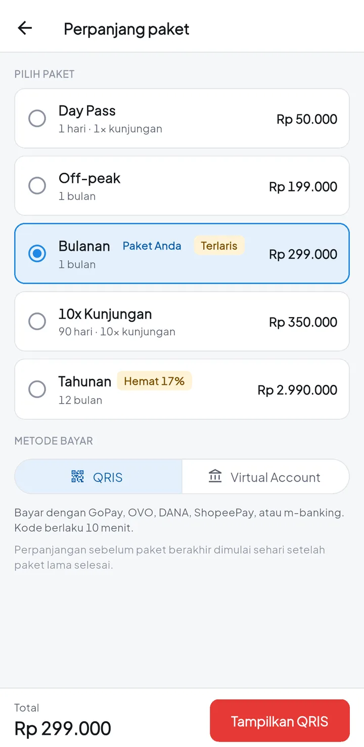 Tampilan GymPro: Member perpanjang sendiri tanpa ke kasir.