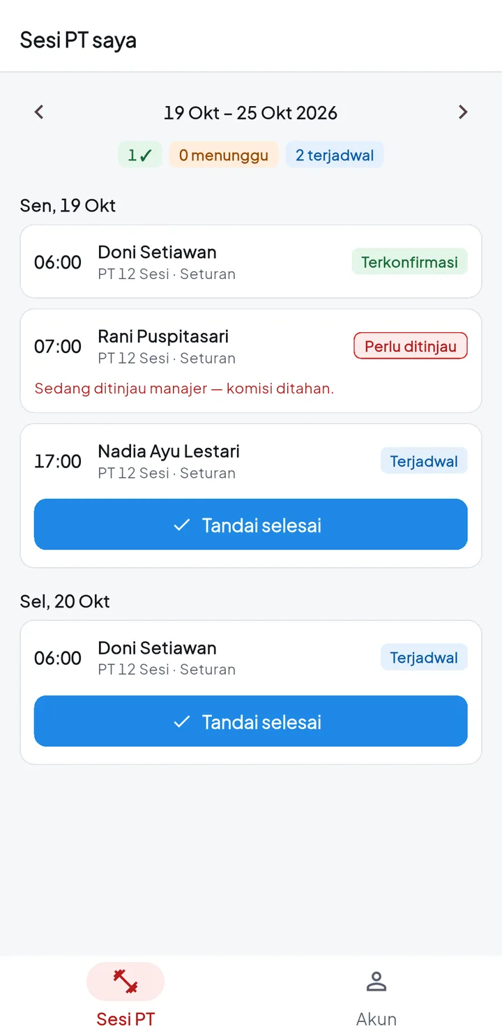 Tampilan GymPro: Frontdesk dan trainer bekerja dari HP.