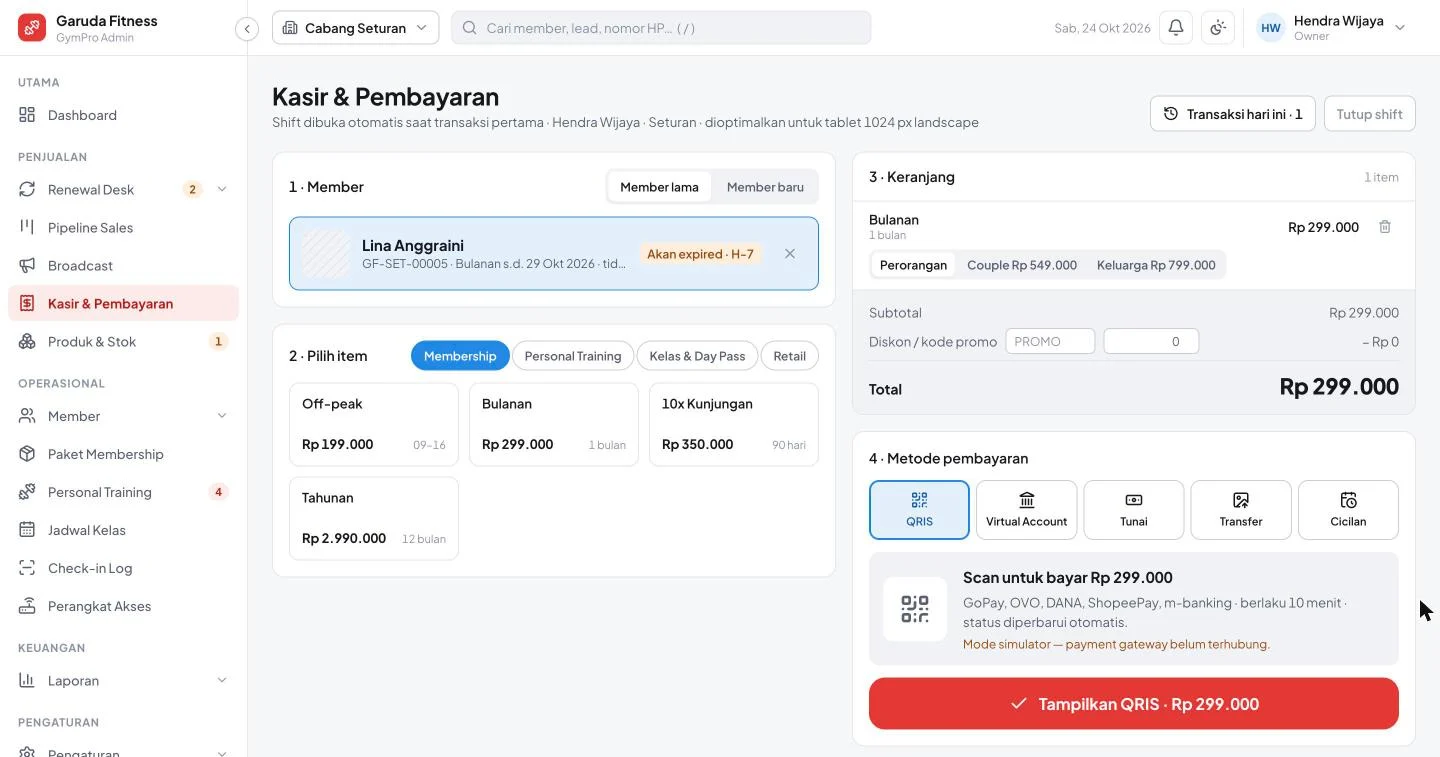 Tampilan GymPro: Jual paket, PT, dan produk di satu kasir.