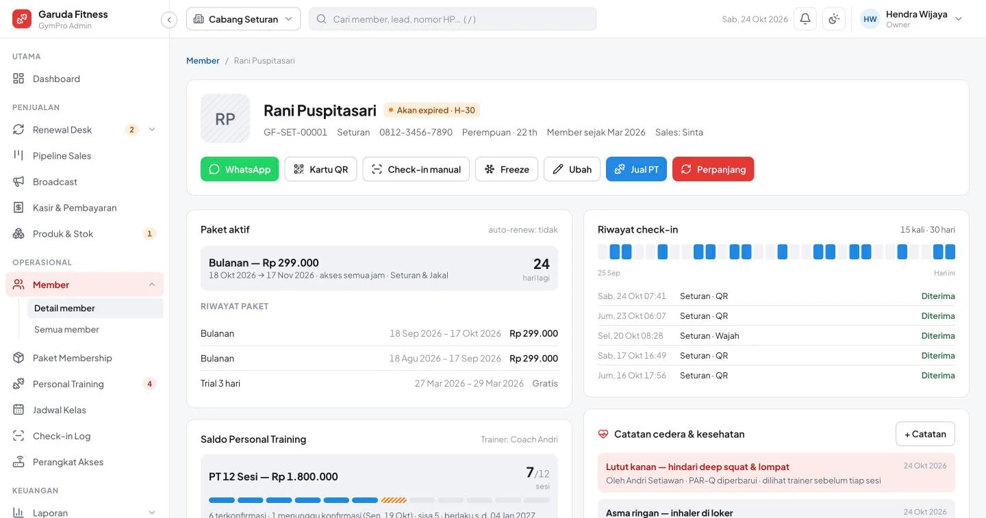Tampilan GymPro: Hubungi member sebelum paketnya habis.