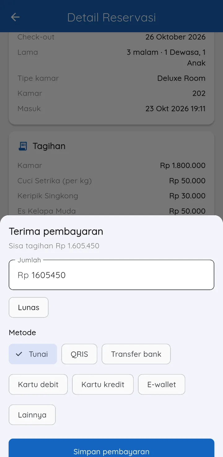 Tampilan HotelPro: Kamar, restoran, dan laundry dalam satu tagihan.