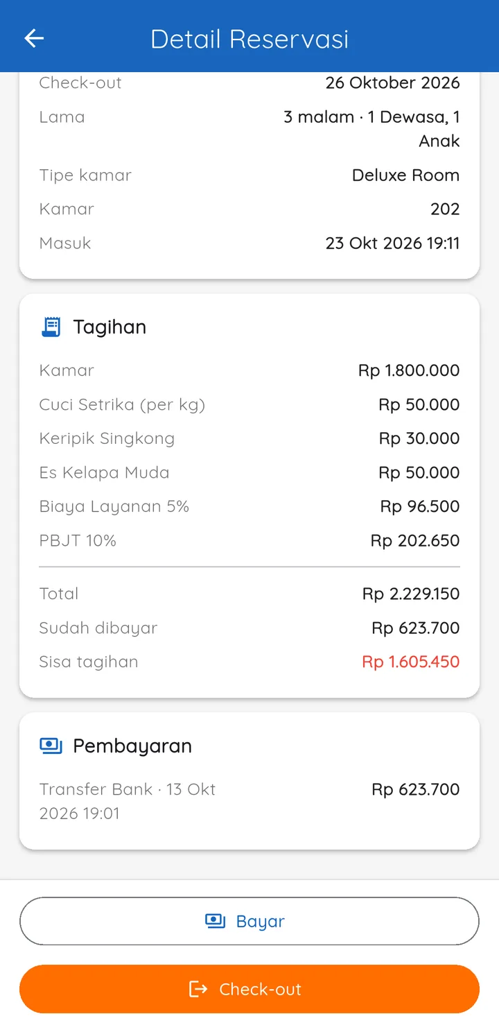 Tampilan HotelPro: Kamar, restoran, dan laundry dalam satu tagihan.