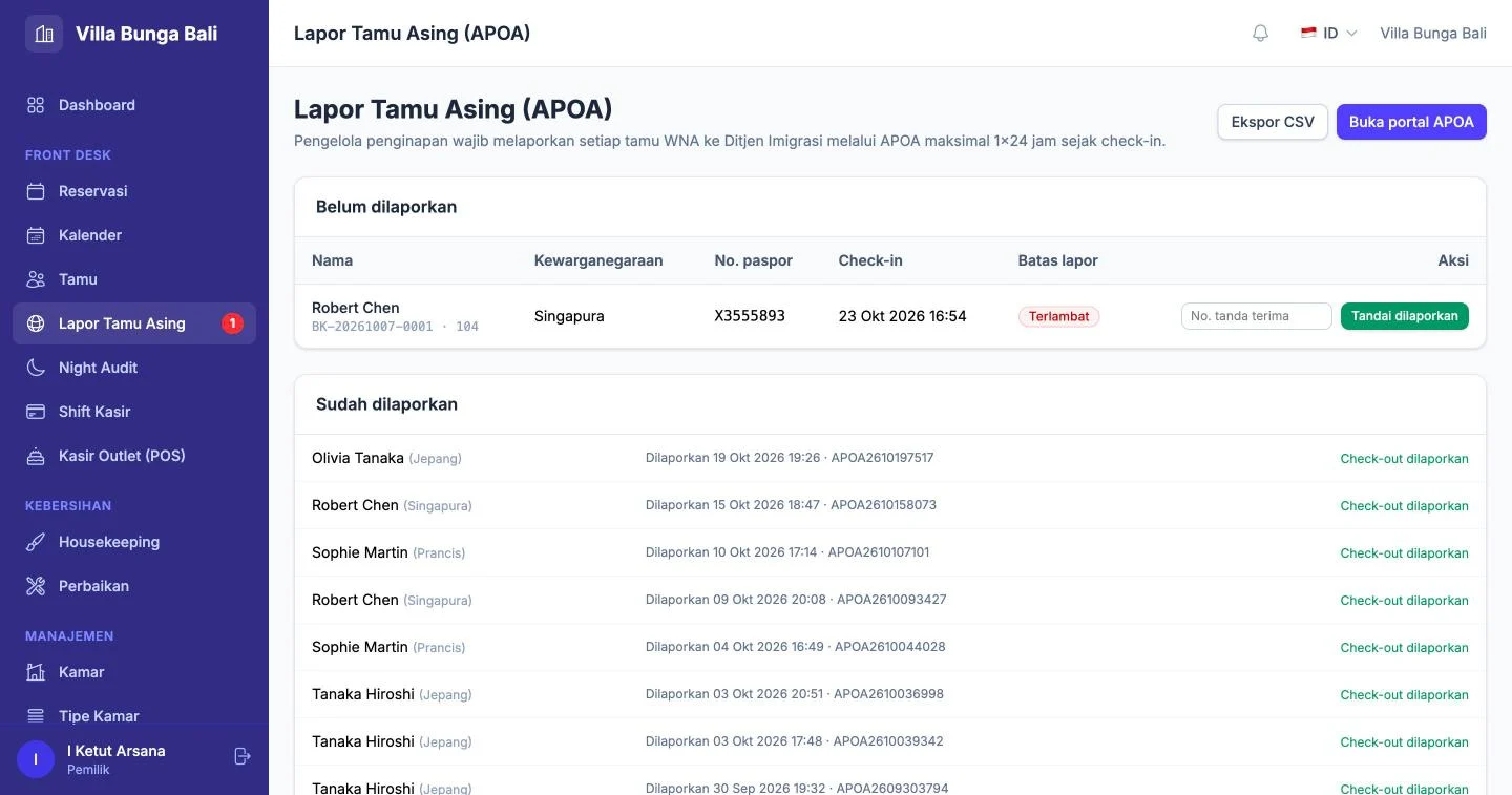 Tampilan HotelPro: Tamu asing tidak lupa dilaporkan ke imigrasi.