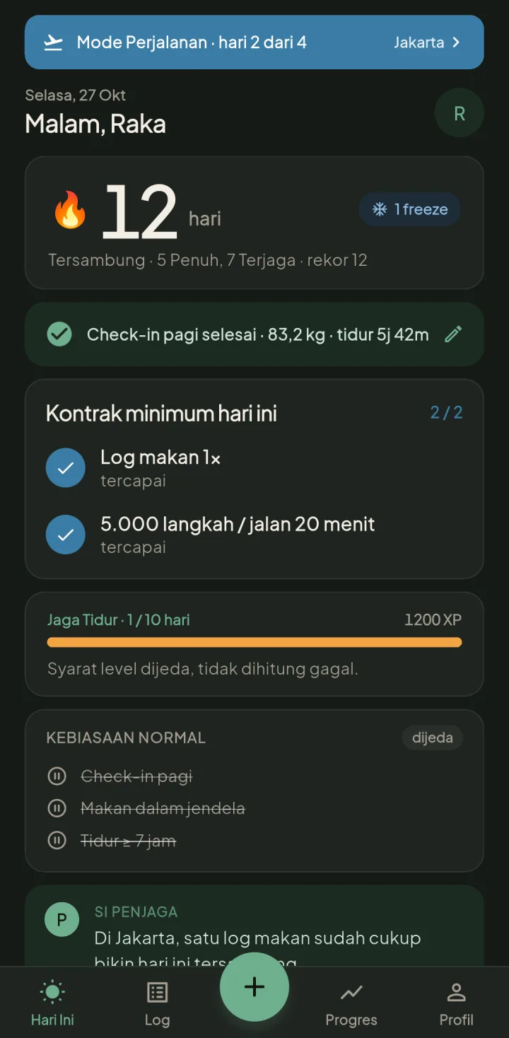 Tampilan JagaFit: Satu layar untuk streak, check-in, dan target hari ini.