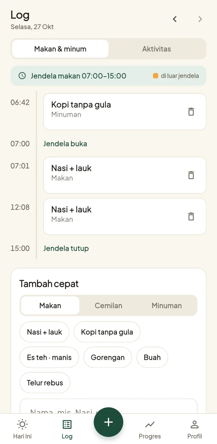Tampilan JagaFit: Check-in pagi dan log makan dalam hitungan detik.