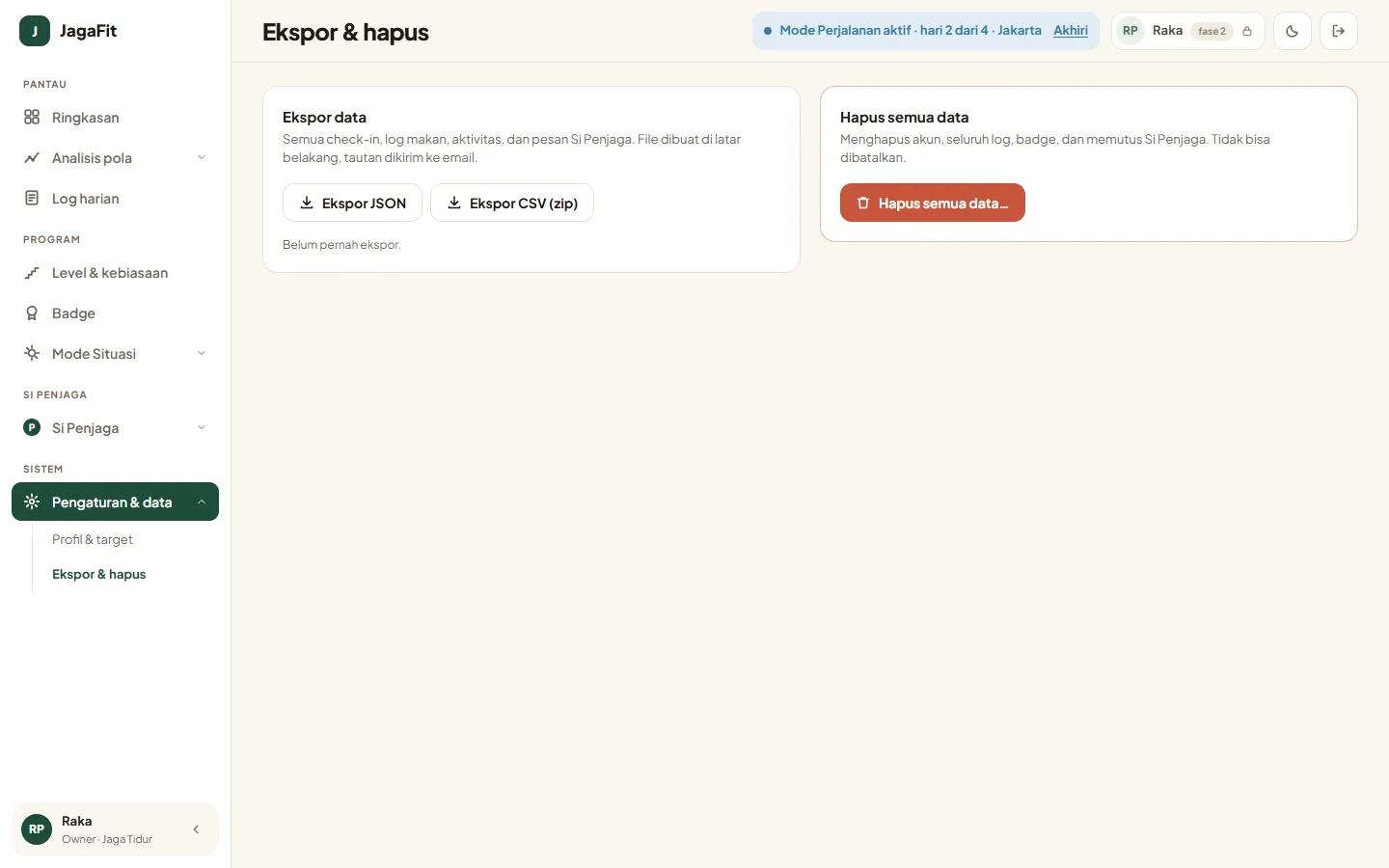 JagaFit — ekspor hapus, dashboard web