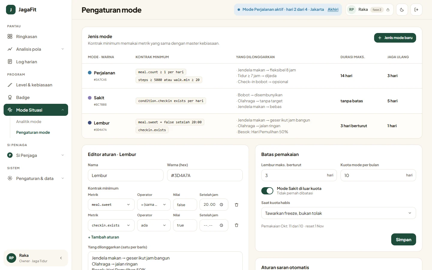 JagaFit — mode pengaturan, dashboard web