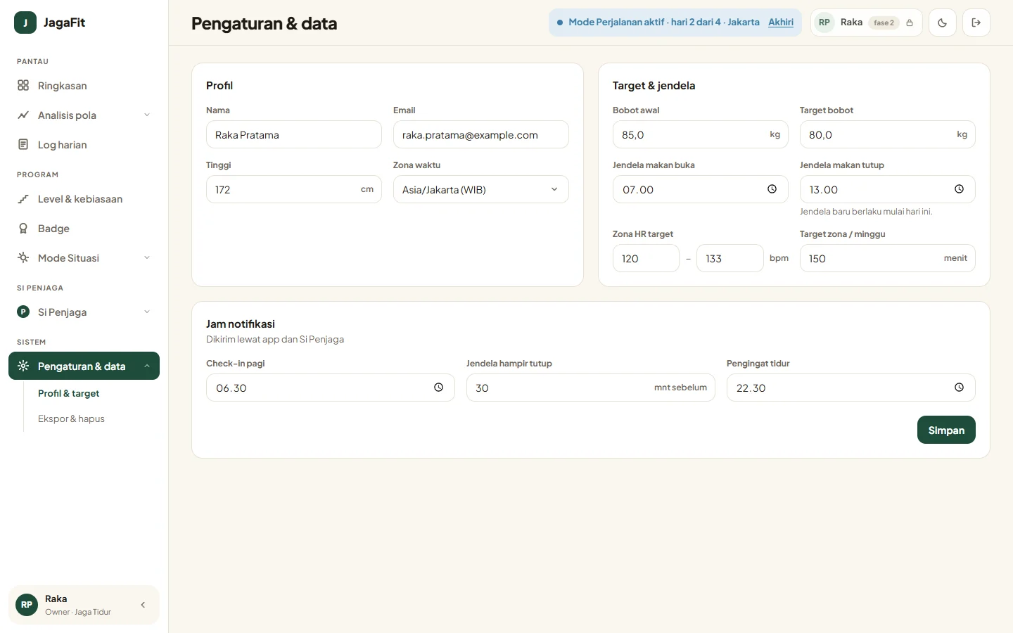 JagaFit — pengaturan, dashboard web