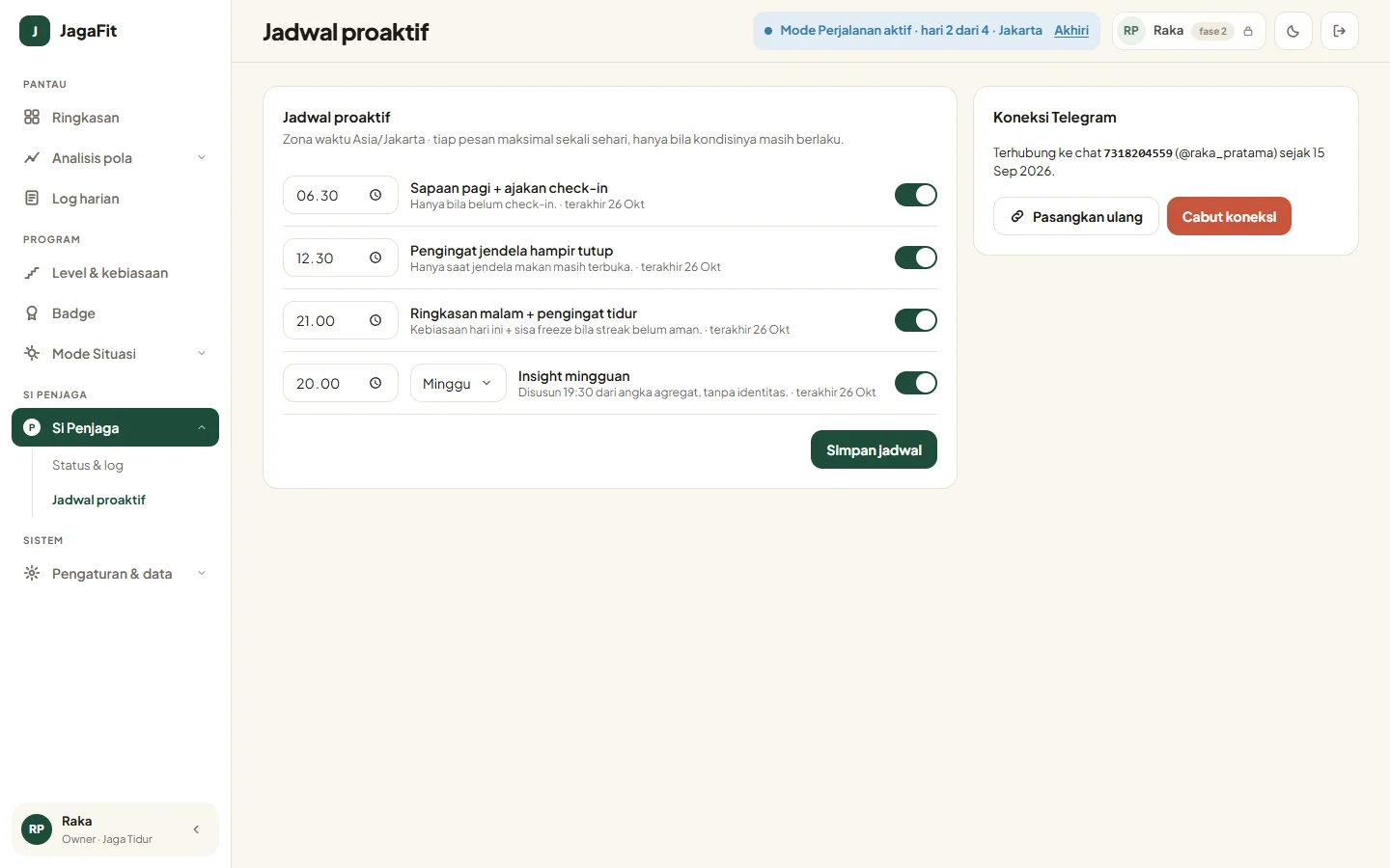 JagaFit — penjaga jadwal, dashboard web